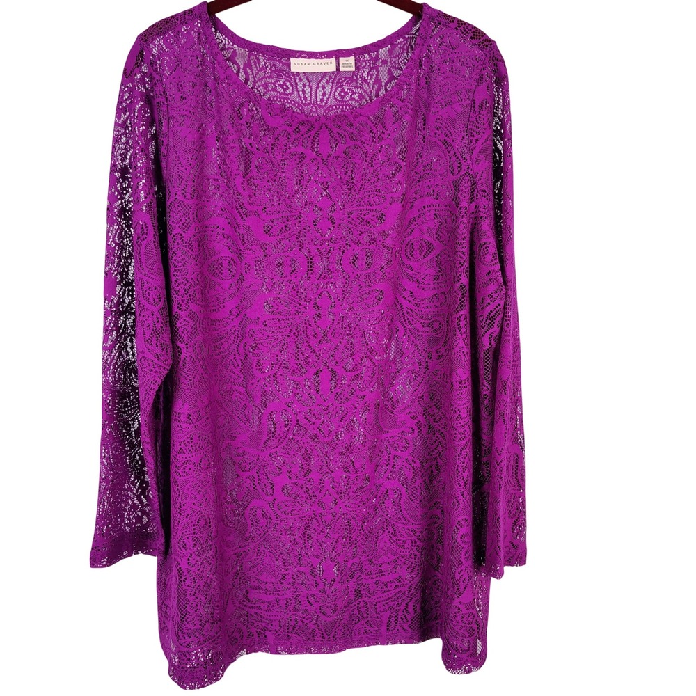 Susan Graver Womens 1X Lace Long Sleeve Tunic Purple Sheer Whimsigoth Boho